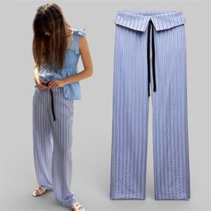ZARA Blue and White Striped Trousers  with Turndown  Waist size extra large